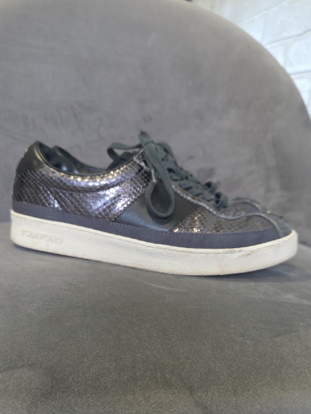 Tom Ford Metallic Charcoal Snakeskin Low-Top Sneaker with White Sole
